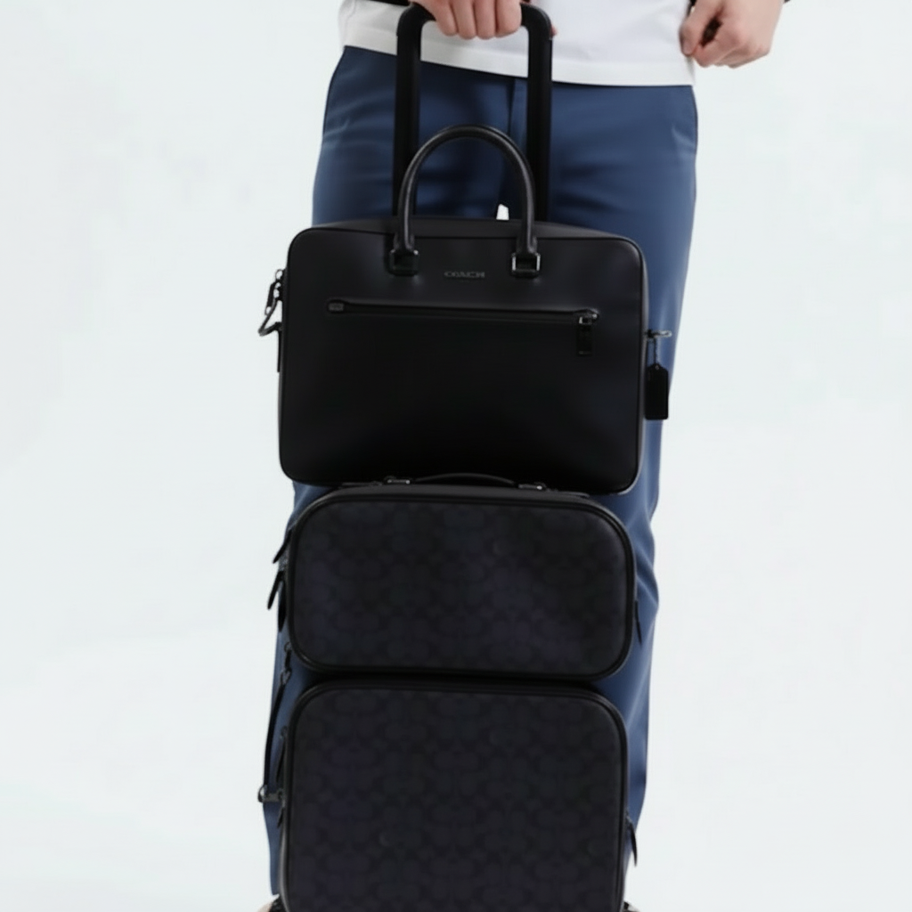 NWT Coach Ethan Slim Brief Laptop Bag In Signature Leather In Black